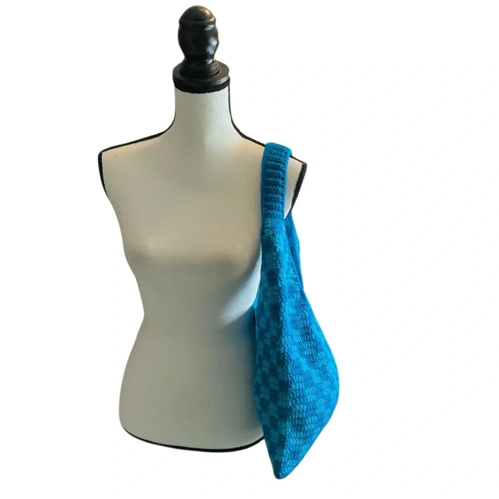 Handmade Sapphire & Cyan Blue Checker Checkerboard Crochet‎ Shoulder Tote Bag
